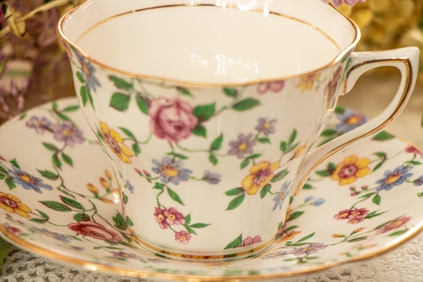 Rosina Bone China Teacup & Saucer – Chintz Floral Pattern #5065