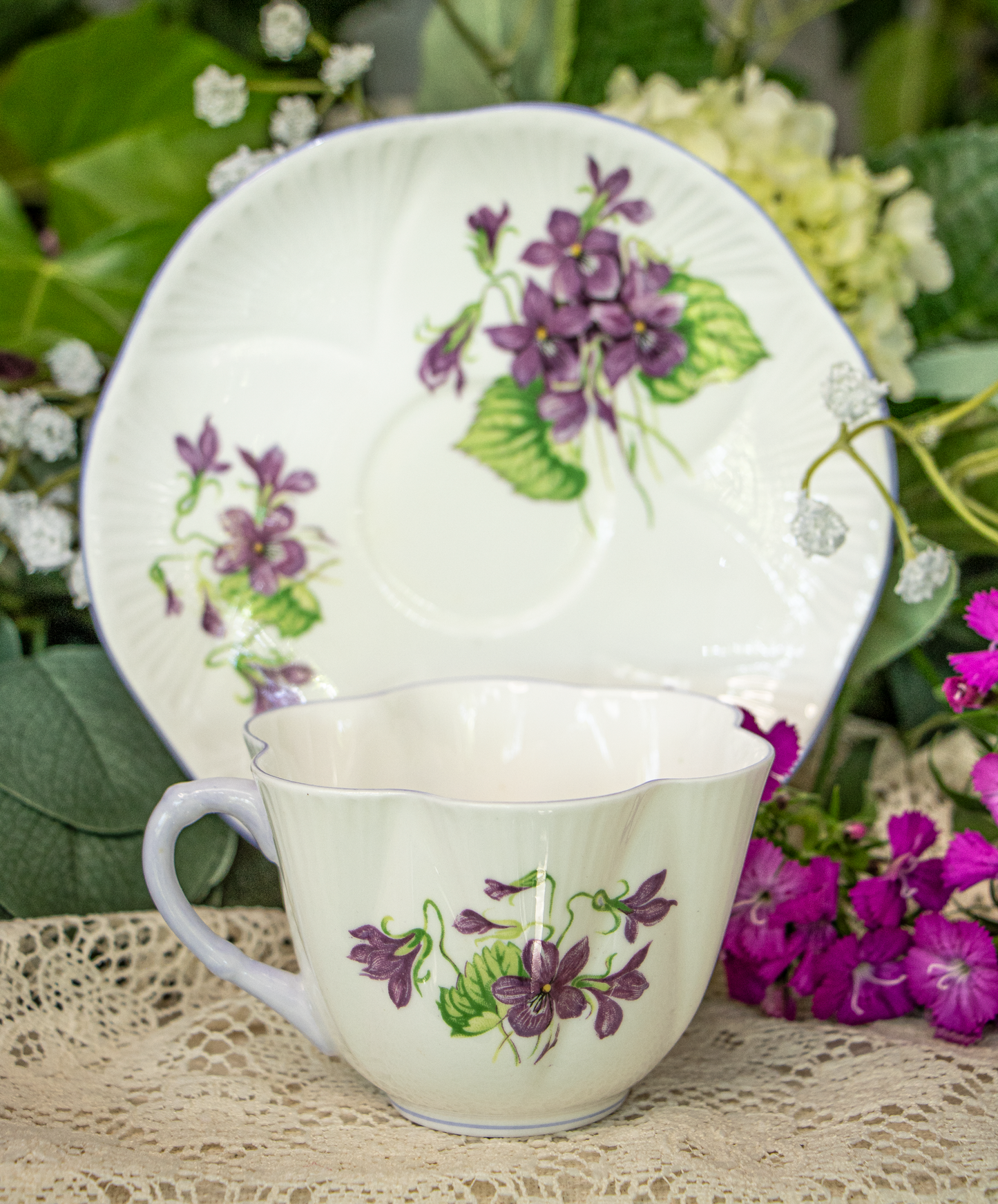 Shelley Fine Bone China "Violets" Teacup and Saucer - Dainty Shape - England