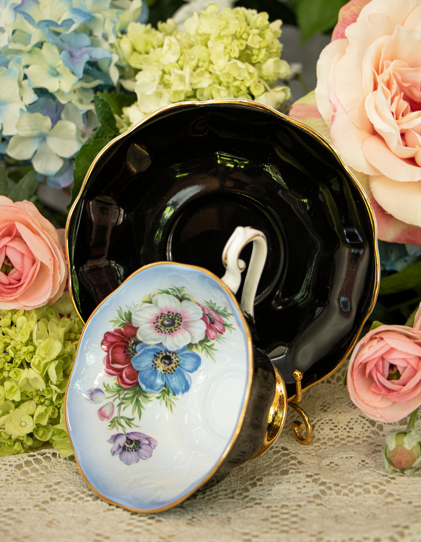 Royal Albert "Milady Series" Fine Bone China Teacup and Saucer – Black with Floral Interior