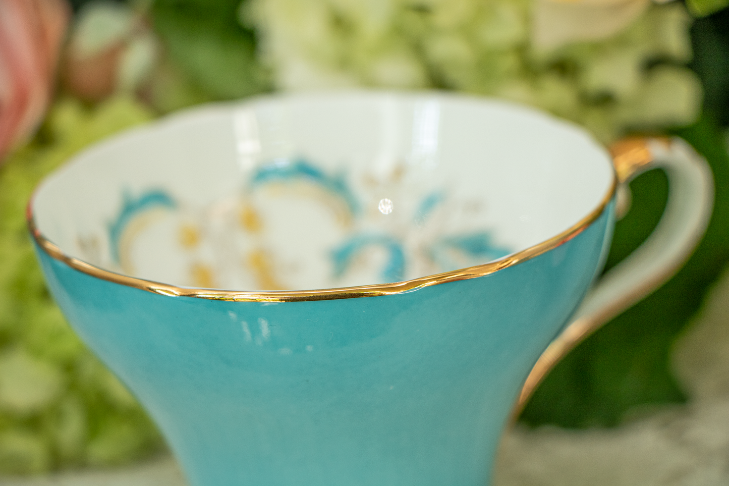 Aynsley Turquoise & Gold Scrollwork Teacup and Saucer — Fine Bone China, Made in England