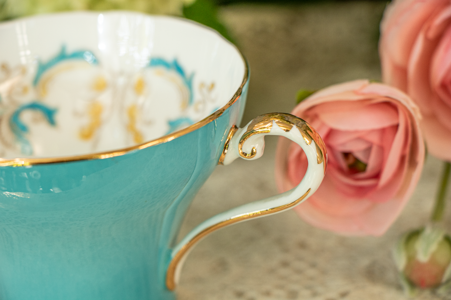 Aynsley Turquoise & Gold Scrollwork Teacup and Saucer — Fine Bone China, Made in England