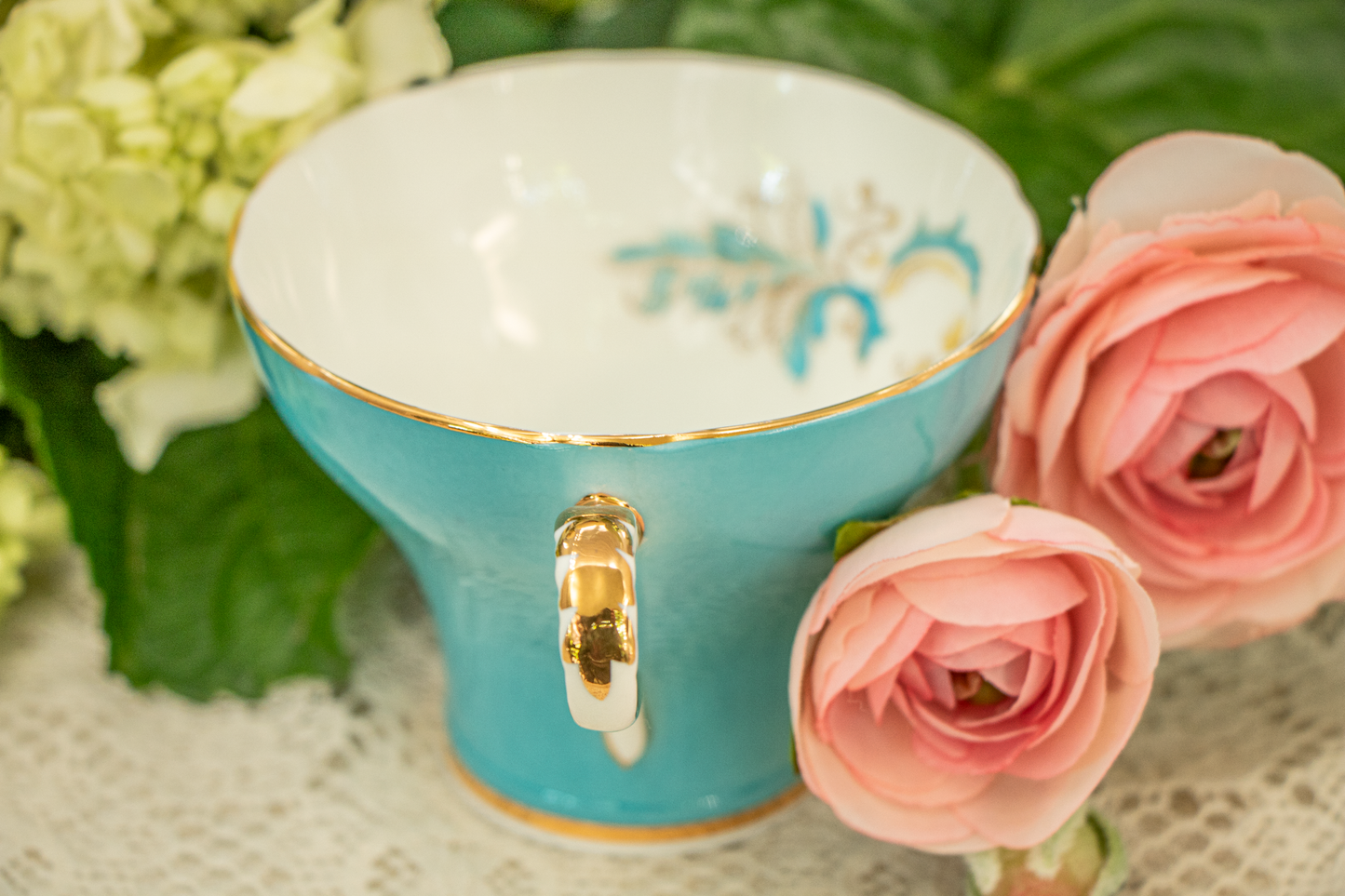 Aynsley Turquoise & Gold Scrollwork Teacup and Saucer — Fine Bone China, Made in England