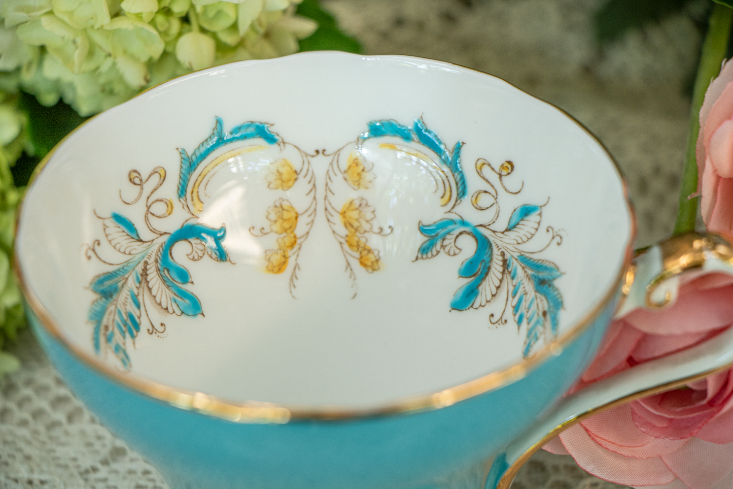 Aynsley Turquoise & Gold Scrollwork Teacup and Saucer — Fine Bone China, Made in England