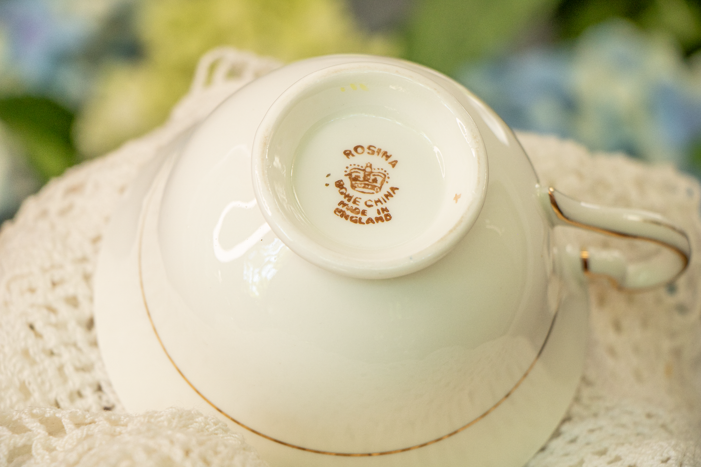 Rosina Bone China Teacup & Saucer – Yellow Rim with Floral Center – Made in England