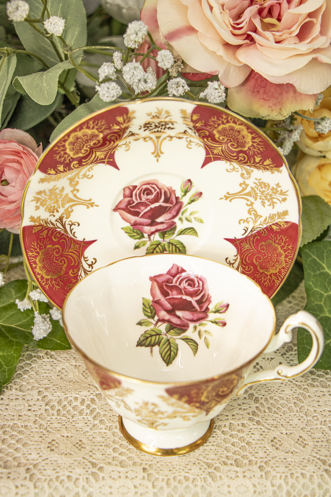 Paragon Fine Bone China Teacup and Saucer – Deep Red, Gold Filigree, and Rose Motif – Mint Condition