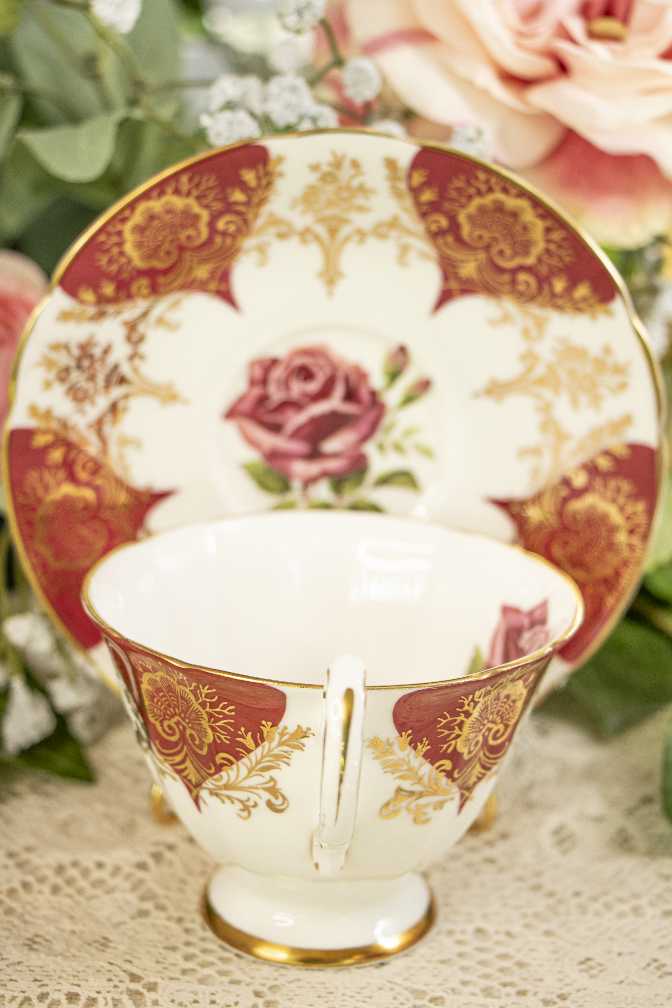 Paragon Fine Bone China Teacup and Saucer – Deep Red, Gold Filigree, and Rose Motif – Mint Condition