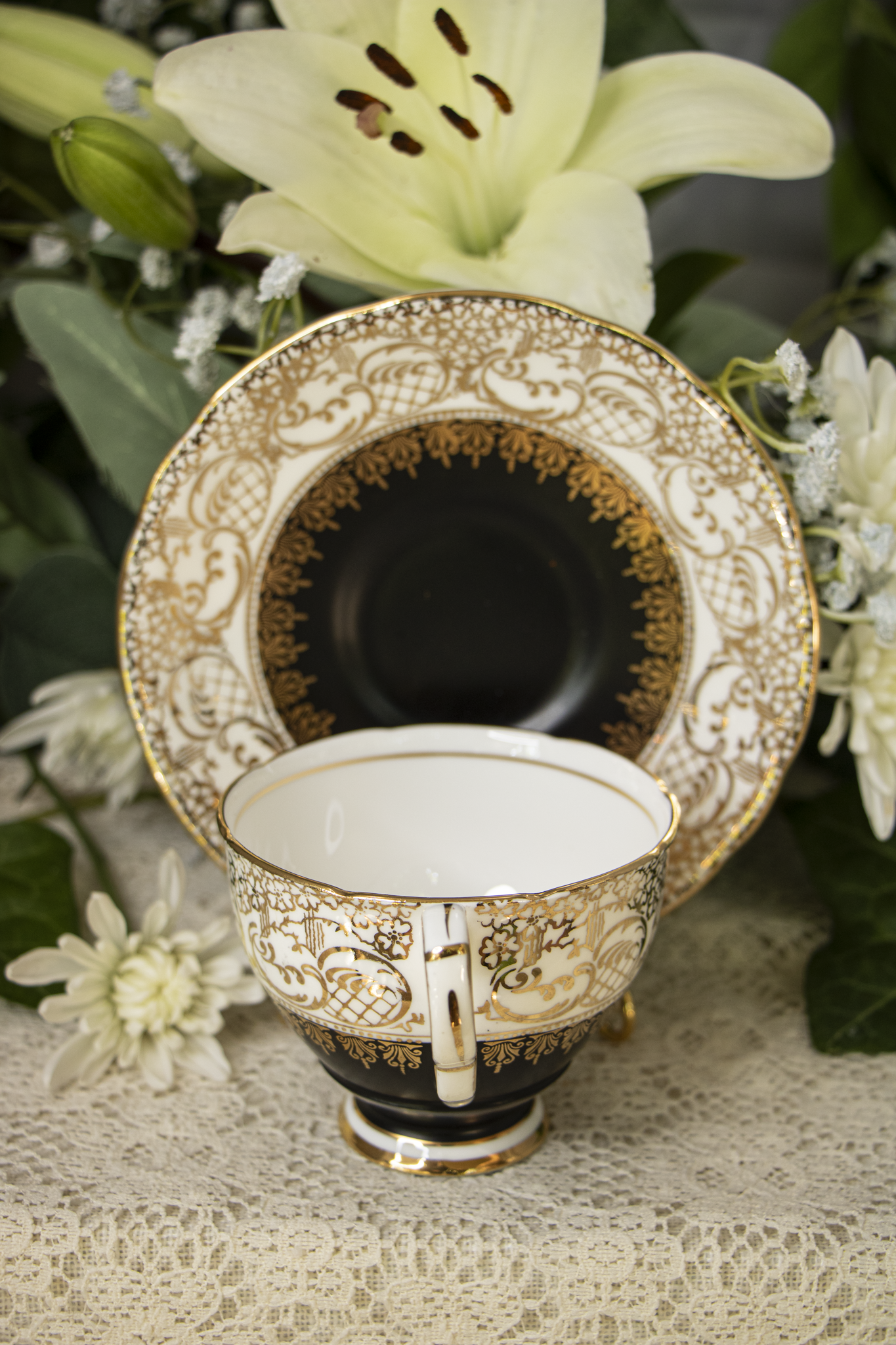 Royal Stafford Bone China Teacup and Saucer — Pattern 1528 — Matte Black with Gold Filigree — 1950s–1960s