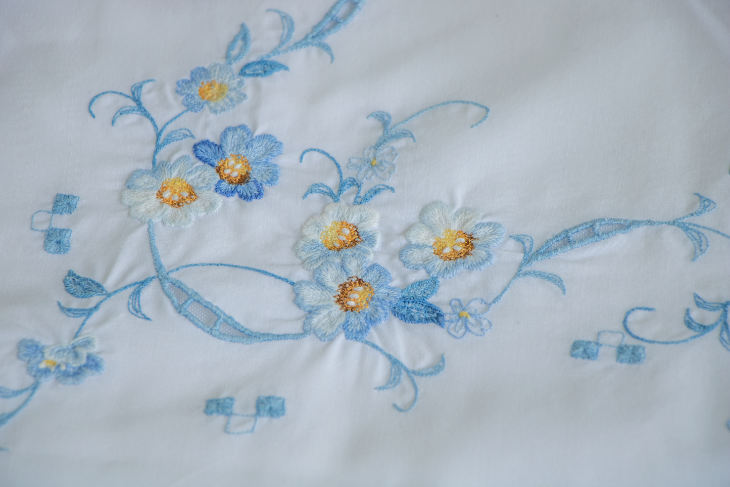 Blue Floral Embroidered Table Topper - 32x32