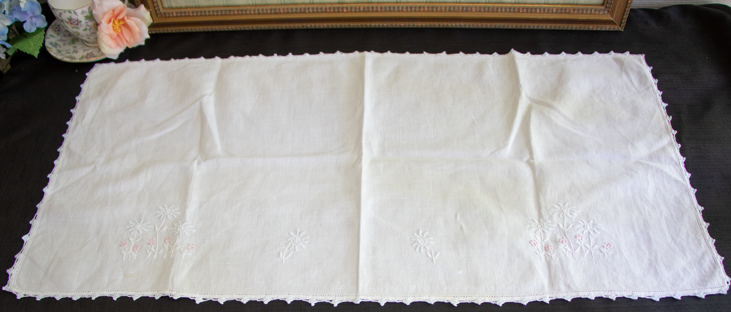 Vintage Daisies Embroidered Table Runner with Crochet Trim