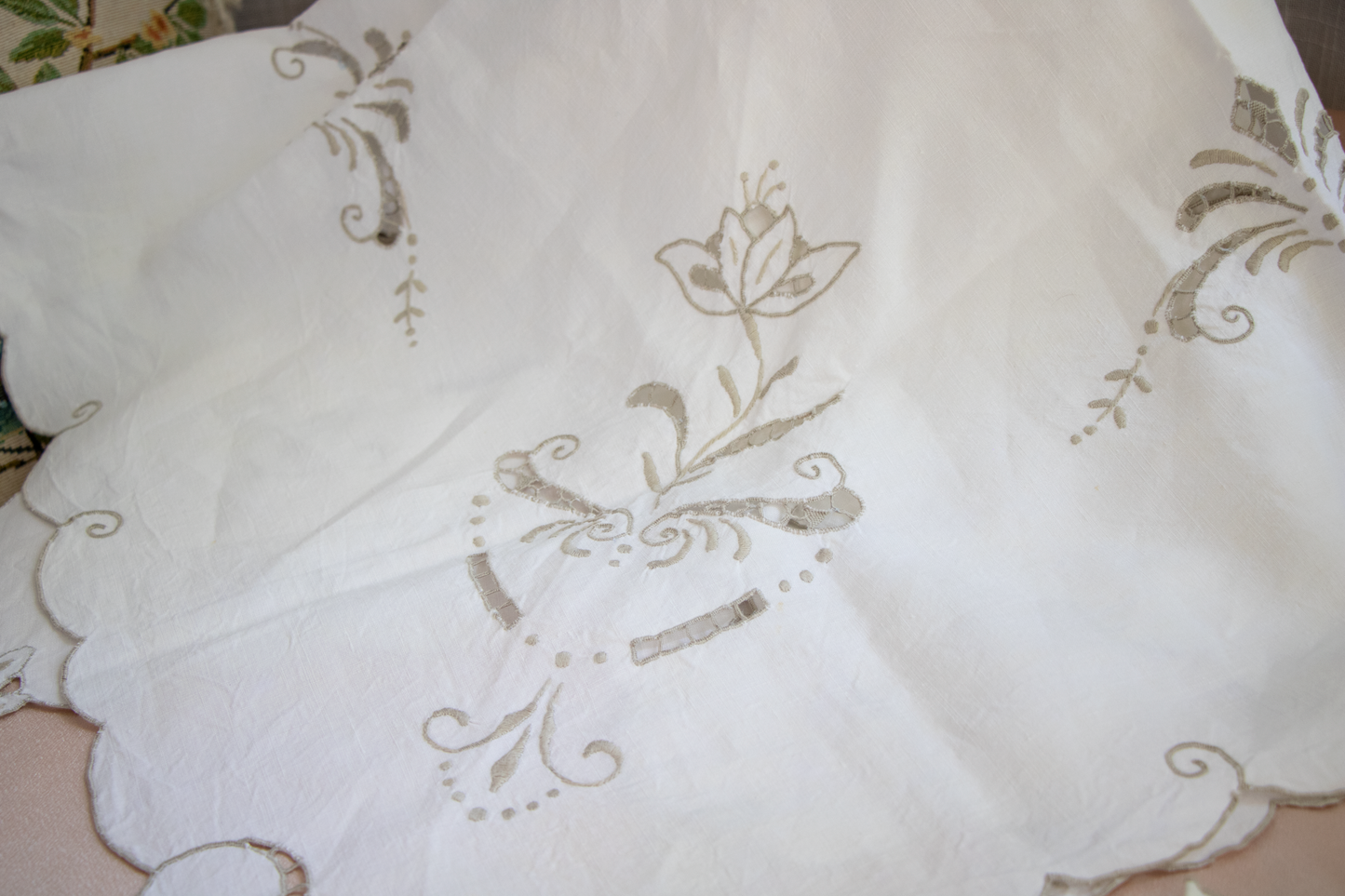 Ivory Linen Tablecloth and Napkin Set - Warm Taupe Floral Embroidery and Scalloped Edge