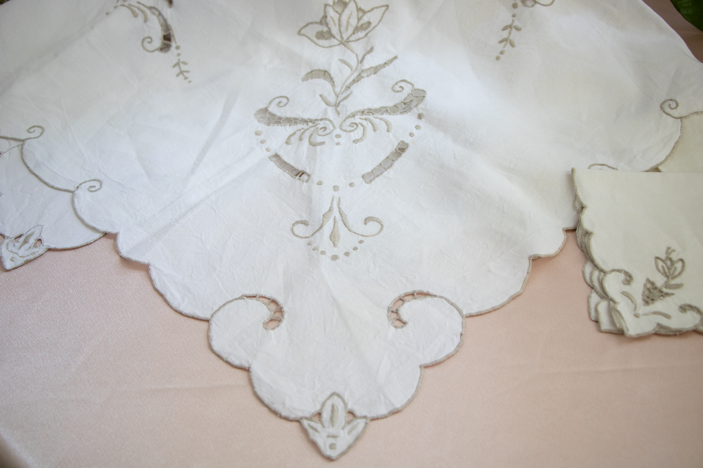 Ivory Linen Tablecloth and Napkin Set - Warm Taupe Floral Embroidery and Scalloped Edge