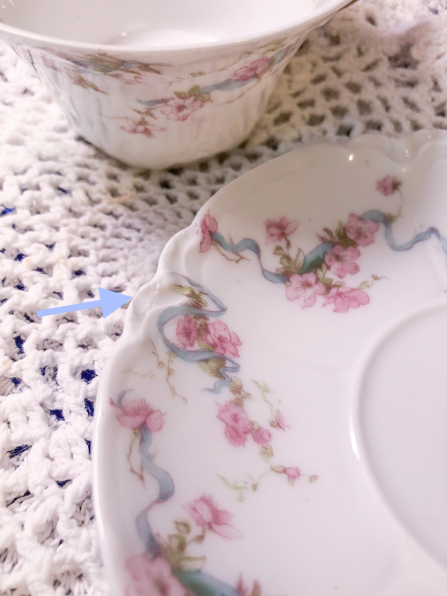 Theodore Haviland Limoges France – Dainty Teacup and Saucer – Pink Floral with Blue Ribbon & Gold Trim (c. 1900–1915)