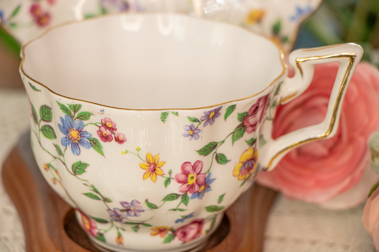 Salisbury England Bone China Teacup and Saucer - Multicolor Floral Spray Pattern #3445, Gold Trim