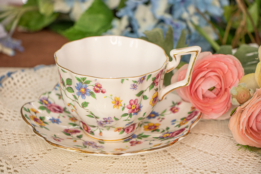 Salisbury England Bone China Teacup and Saucer - Multicolor Floral Spray Pattern #3445, Gold Trim