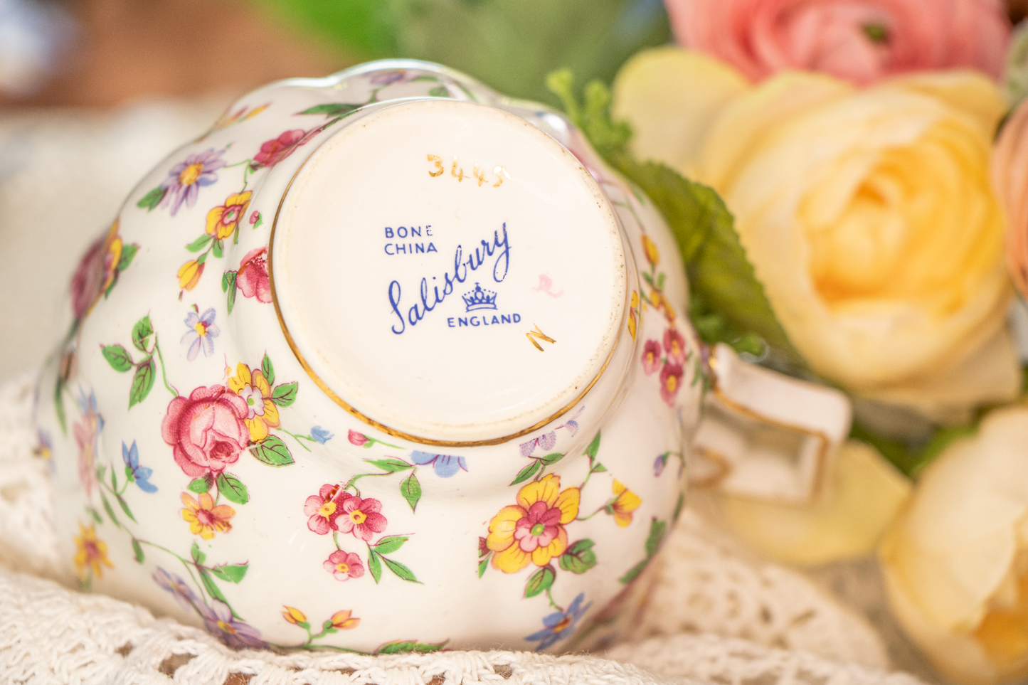 Salisbury England Bone China Teacup and Saucer - Multicolor Floral Spray Pattern #3445, Gold Trim