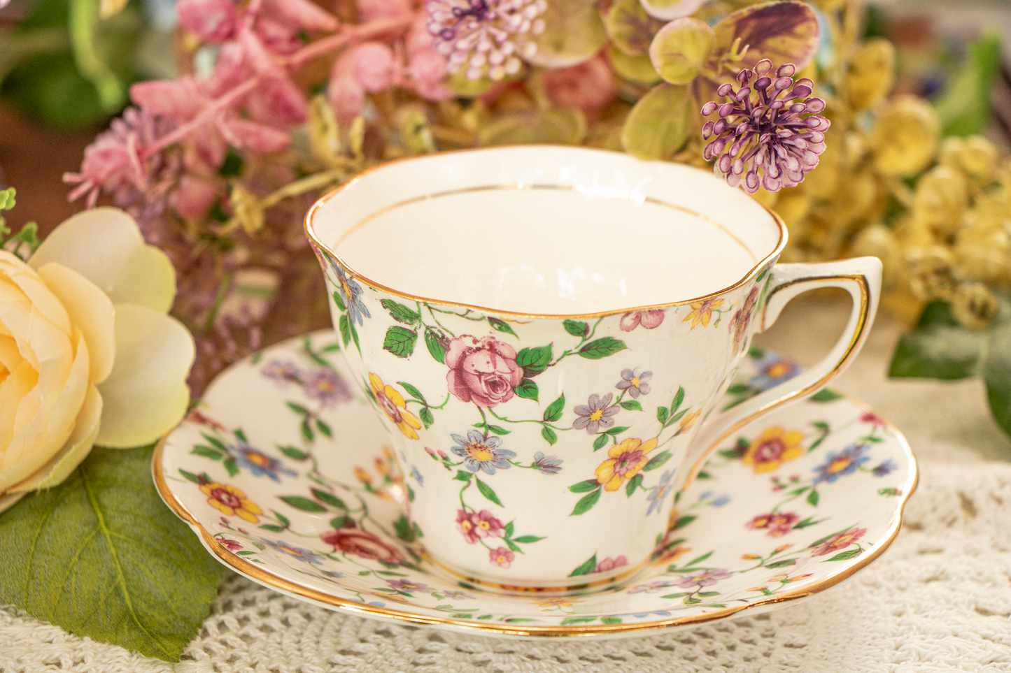 Rosina Bone China Teacup & Saucer – Chintz Floral Pattern #5065