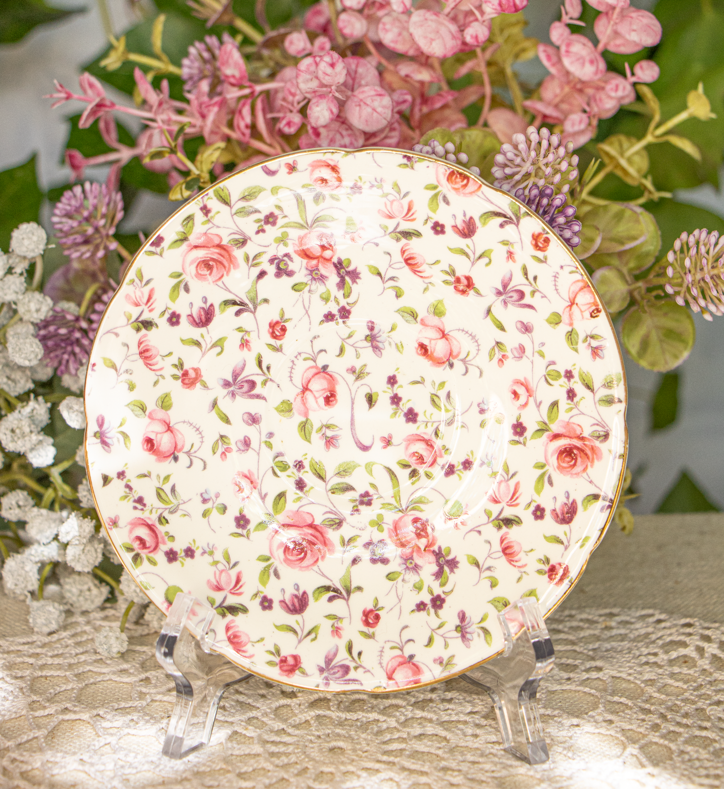 Crownford Bone China Teacup & Saucer – Pink Roses Chintz – Made in England