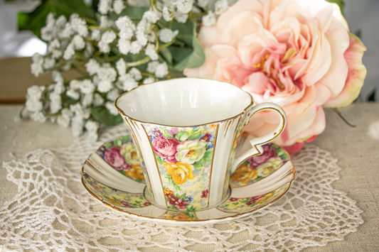 Royal Albert Crown China Teacup and Saucer Set – Floral Panels – 1927-1935