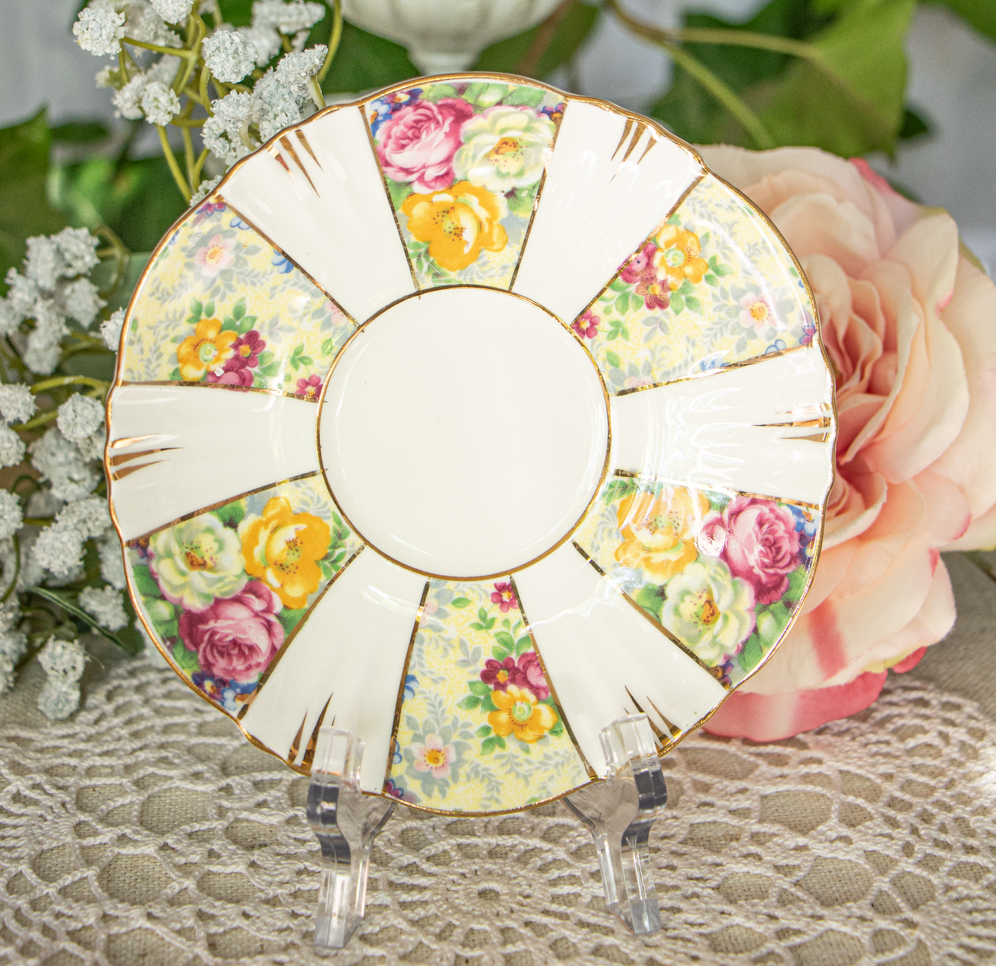 Royal Albert Crown China Teacup and Saucer Set – Floral Panels – 1927-1935