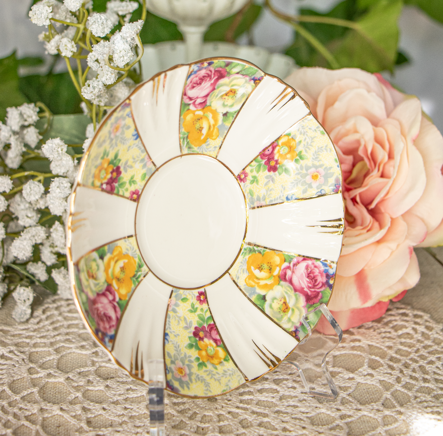 Royal Albert Crown China Teacup and Saucer Set – Floral Panels – 1927-1935