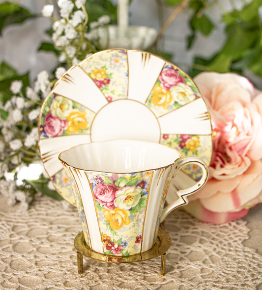 Royal Albert Crown China Teacup and Saucer Set – Floral Panels – 1927-1935