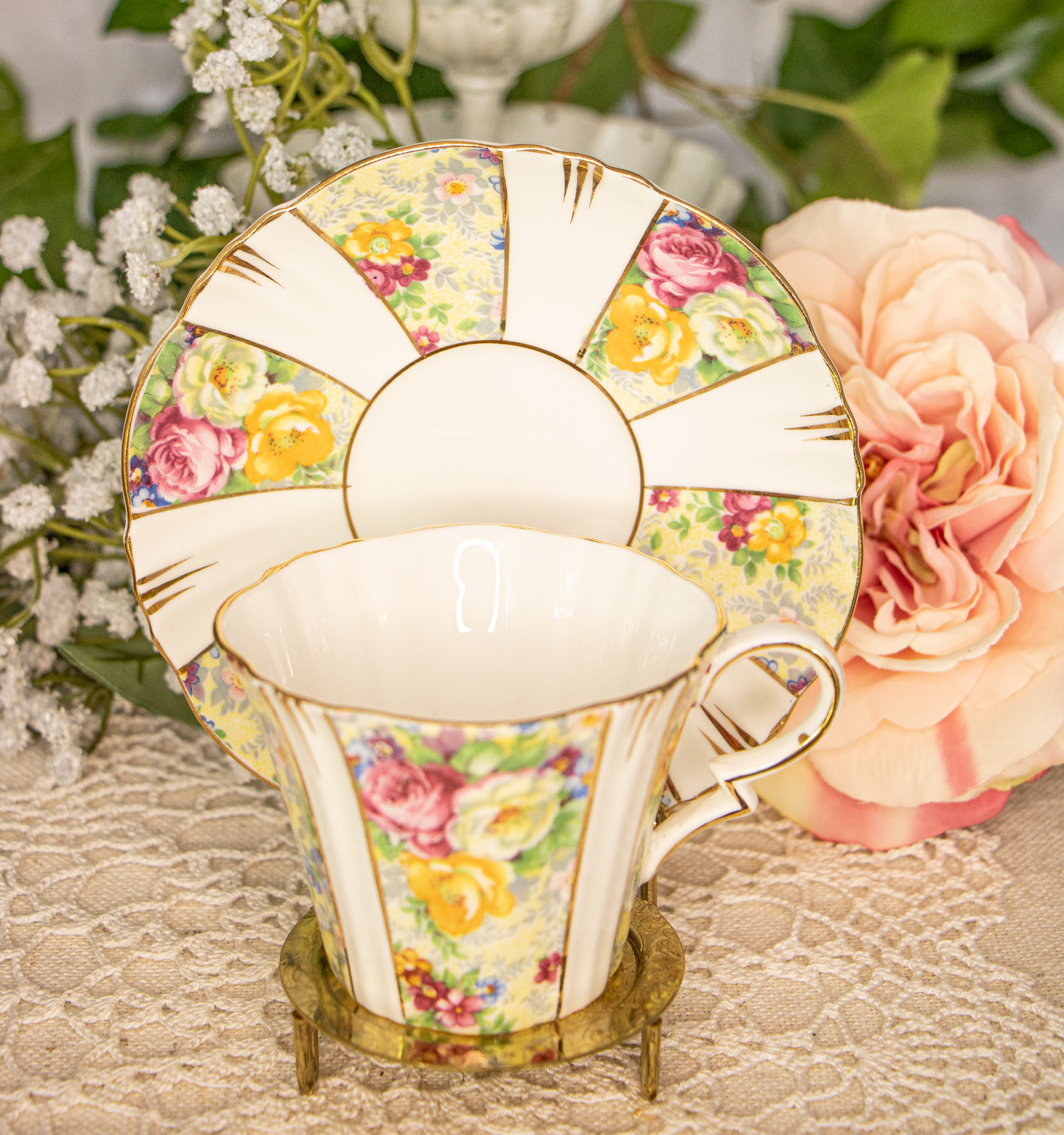 Royal Albert Crown China Teacup and Saucer Set – Floral Panels – 1927-1935
