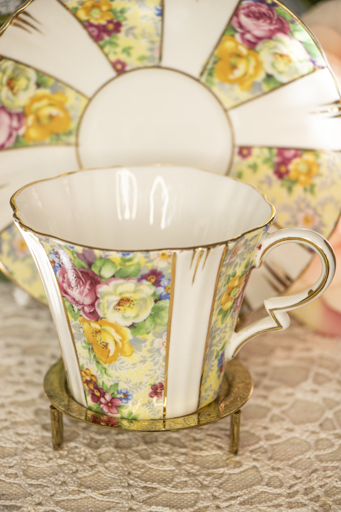 Royal Albert Crown China Teacup and Saucer Set – Floral Panels – 1927-1935