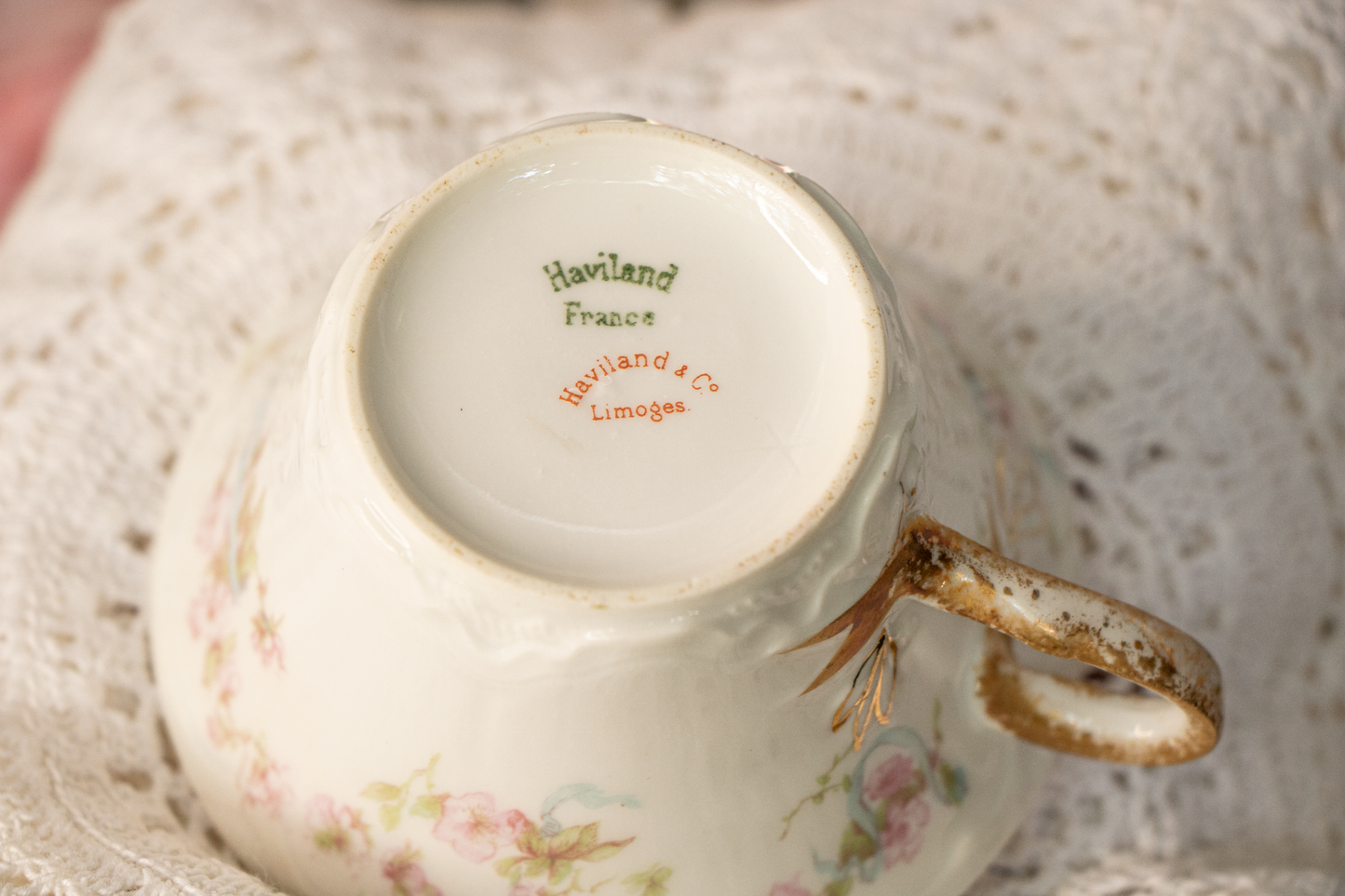 Theodore Haviland Limoges France – Dainty Teacup and Saucer – Pink Floral with Blue Ribbon & Gold Trim (c. 1900–1915)