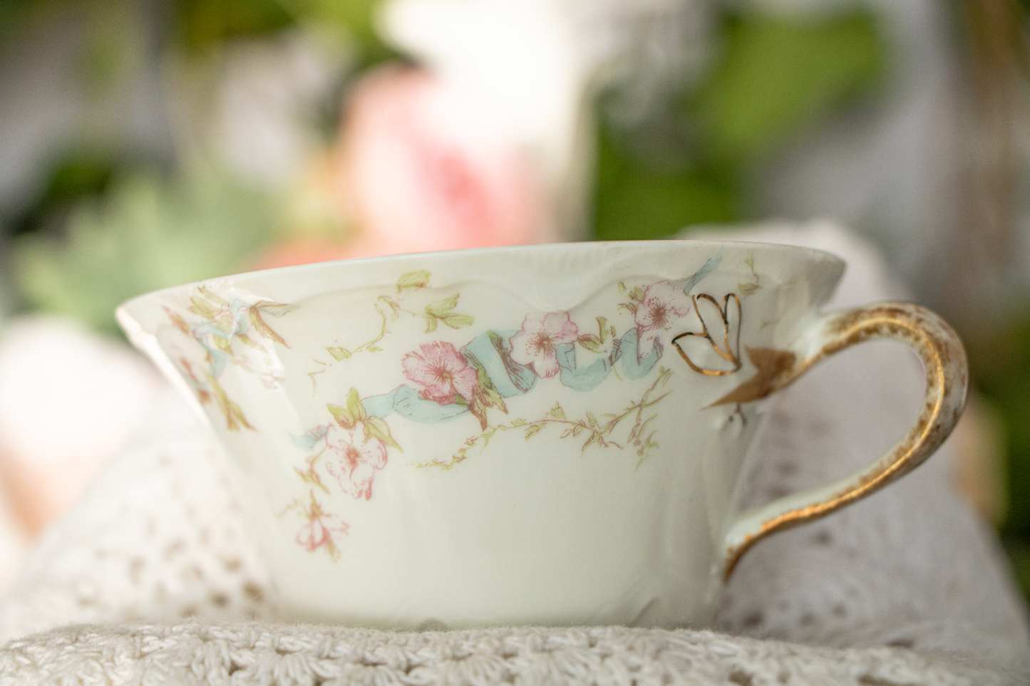 Theodore Haviland Limoges France – Dainty Teacup and Saucer – Pink Floral with Blue Ribbon & Gold Trim (c. 1900–1915)