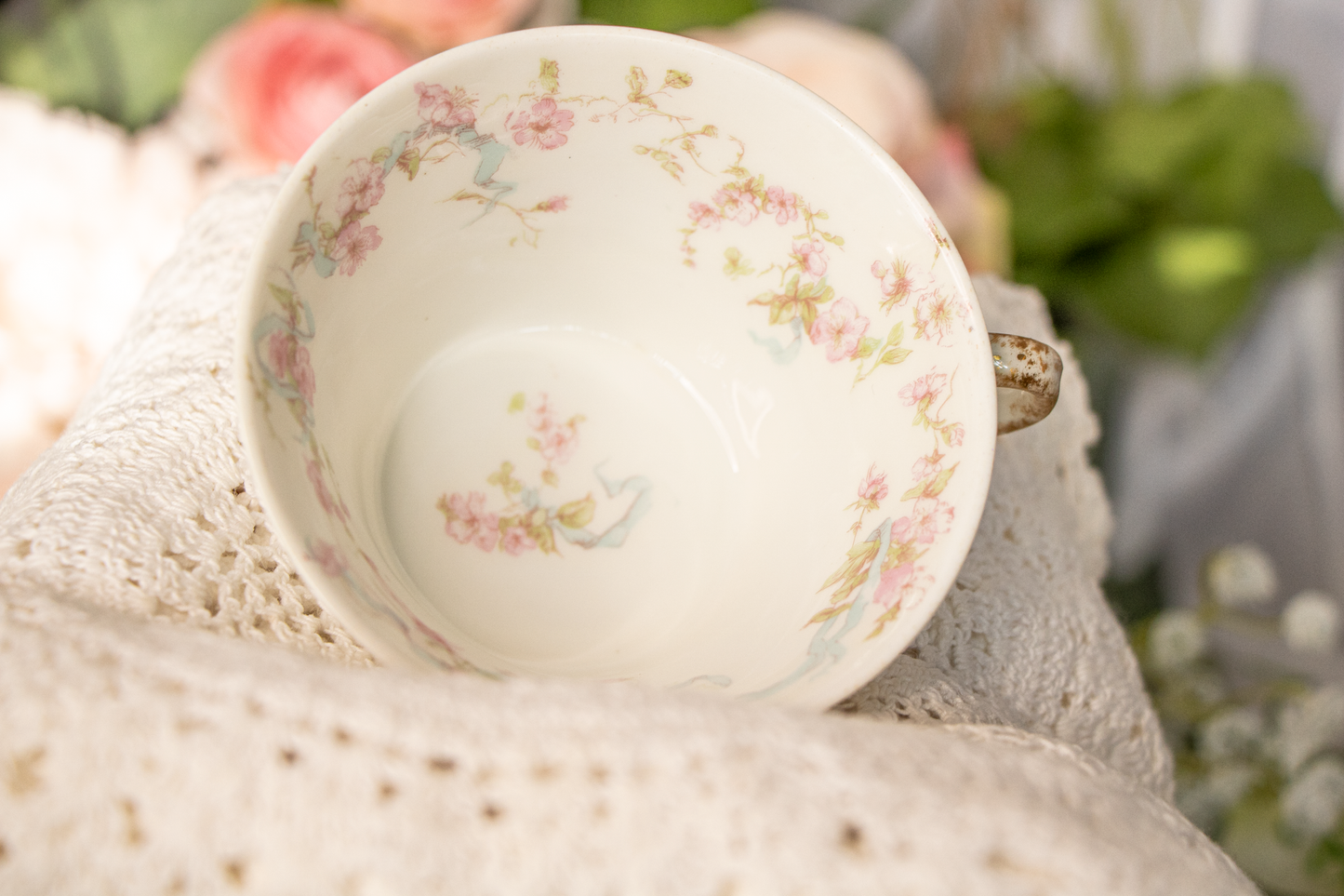 Theodore Haviland Limoges France – Dainty Teacup and Saucer – Pink Floral with Blue Ribbon & Gold Trim (c. 1900–1915)