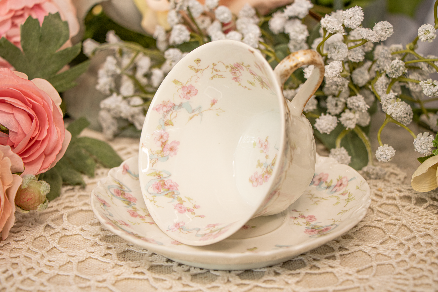 Theodore Haviland Limoges France – Dainty Teacup and Saucer – Pink Floral with Blue Ribbon & Gold Trim (c. 1900–1915)