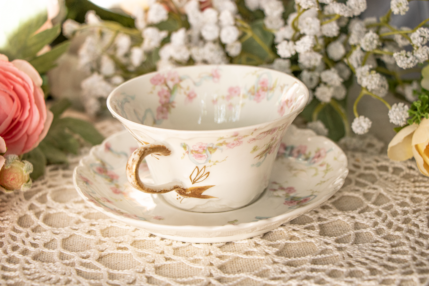 Theodore Haviland Limoges France – Dainty Teacup and Saucer – Pink Floral with Blue Ribbon & Gold Trim (c. 1900–1915)
