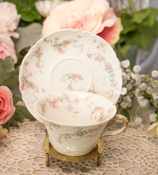 Theodore Haviland Limoges France – Dainty Teacup and Saucer – Pink Floral with Blue Ribbon & Gold Trim (c. 1900–1915)
