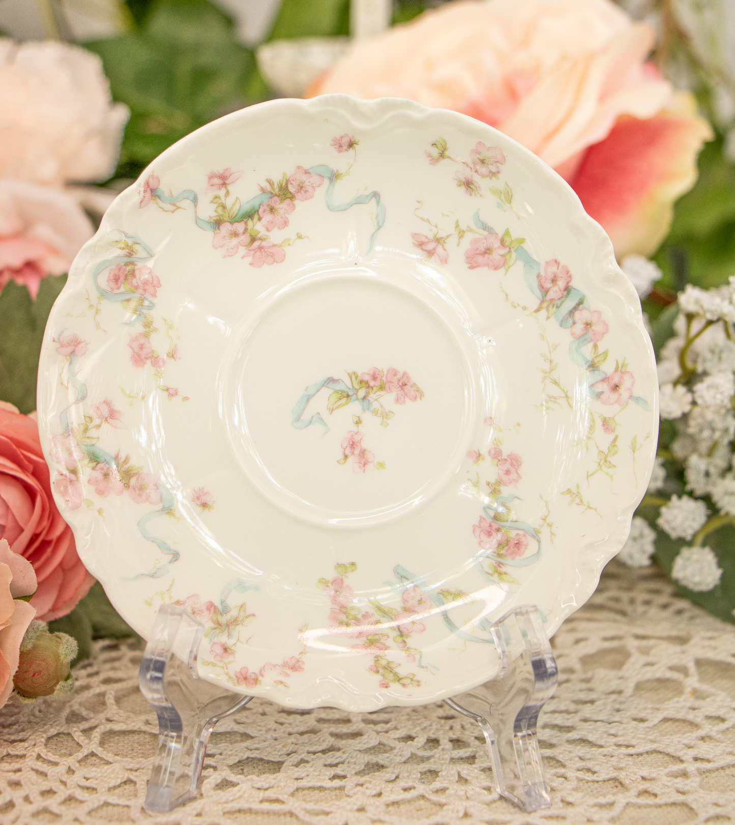 Theodore Haviland Limoges France – Dainty Teacup and Saucer – Pink Floral with Blue Ribbon & Gold Trim (c. 1900–1915)