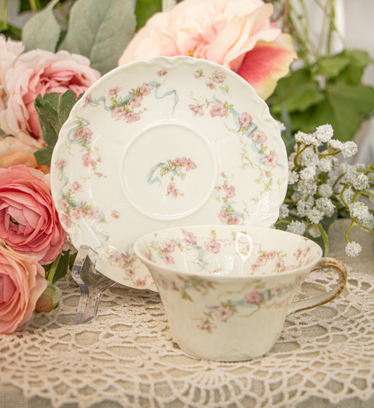 Theodore Haviland Limoges France – Dainty Teacup and Saucer – Pink Floral with Blue Ribbon & Gold Trim (c. 1900–1915)