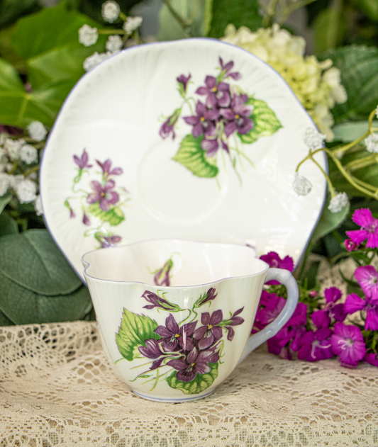 Shelley Fine Bone China "Violets" Teacup and Saucer - Dainty Shape - England