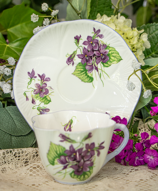 Shelley Fine Bone China "Violets" Teacup and Saucer - Dainty Shape - England