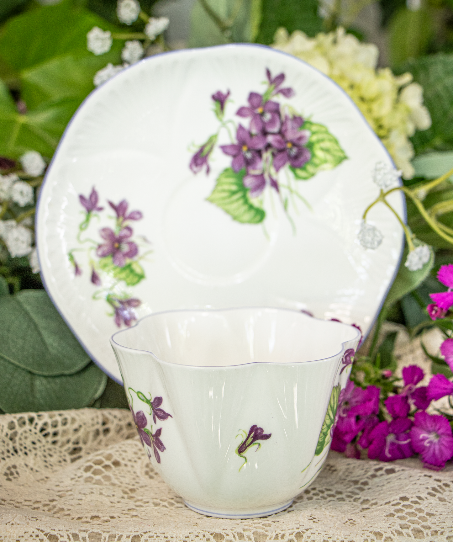 Shelley Fine Bone China "Violets" Teacup and Saucer - Dainty Shape - England