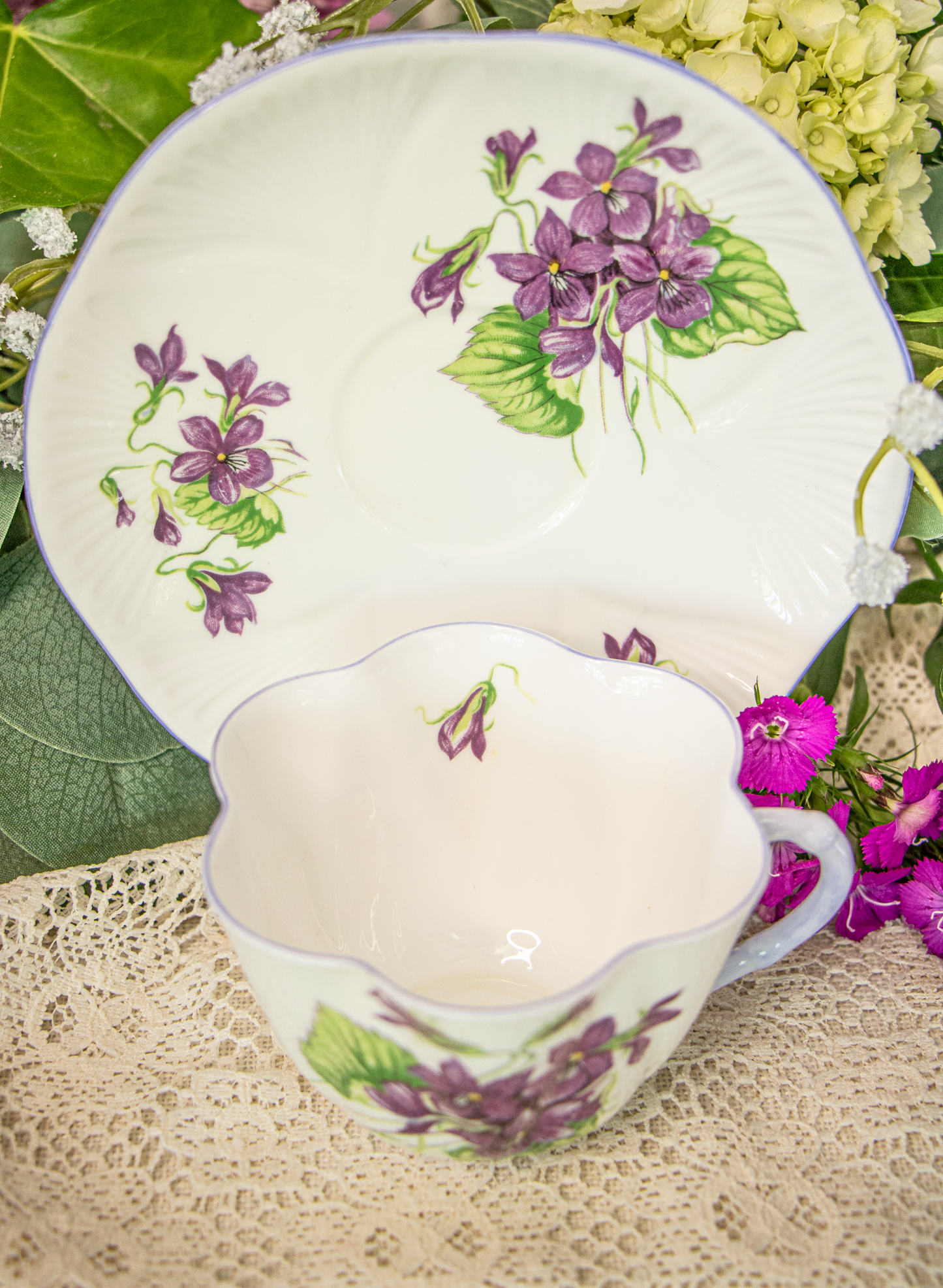 Shelley Fine Bone China "Violets" Teacup and Saucer - Dainty Shape - England