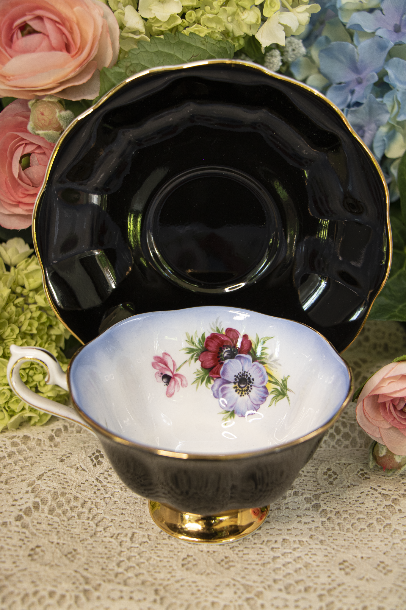 Royal Albert "Milady Series" Fine Bone China Teacup and Saucer – Black with Floral Interior