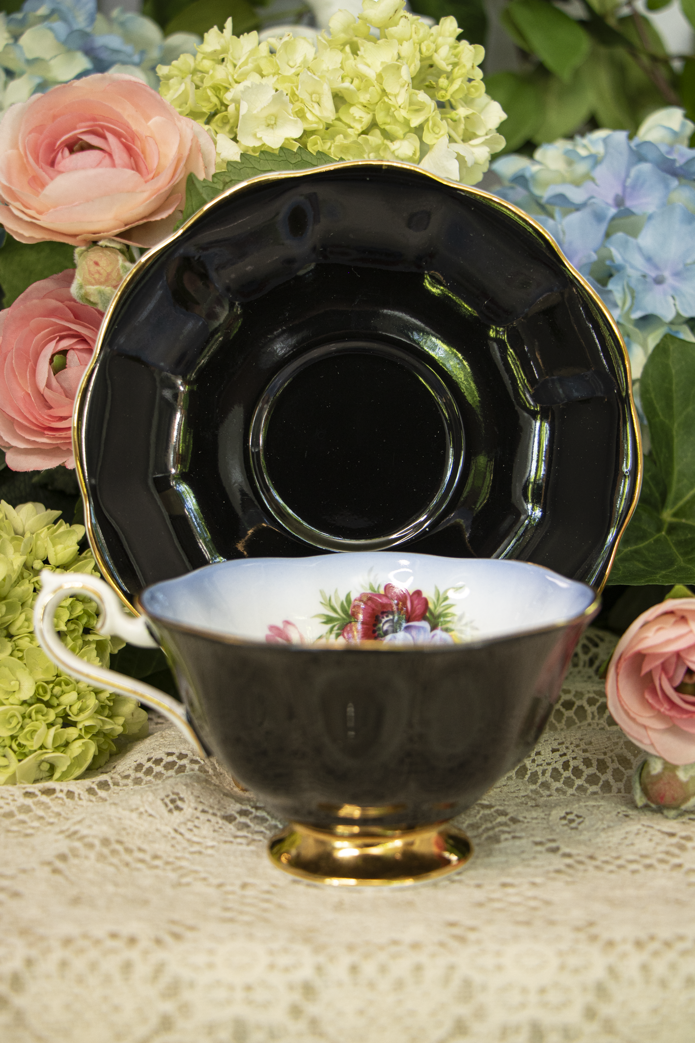 Royal Albert "Milady Series" Fine Bone China Teacup and Saucer – Black with Floral Interior