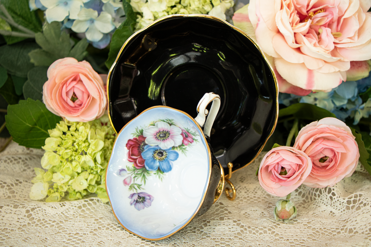 Royal Albert "Milady Series" Fine Bone China Teacup and Saucer – Black with Floral Interior