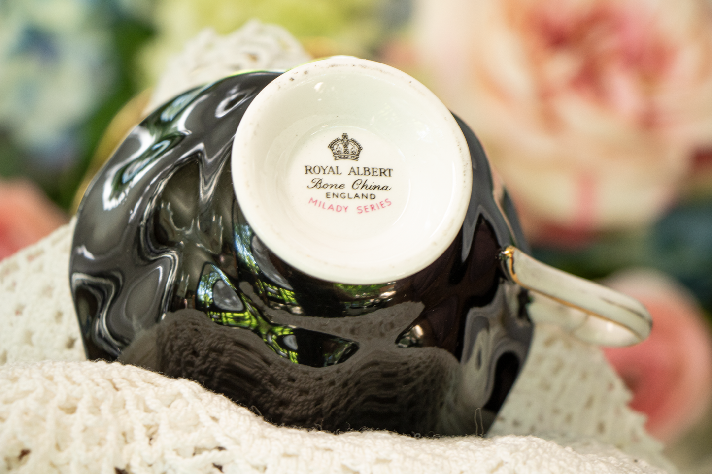 Royal Albert "Milady Series" Fine Bone China Teacup and Saucer – Black with Floral Interior