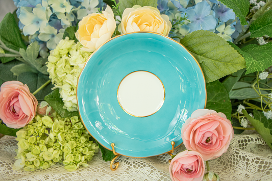 Aynsley Turquoise & Gold Scrollwork Teacup and Saucer — Fine Bone China, Made in England
