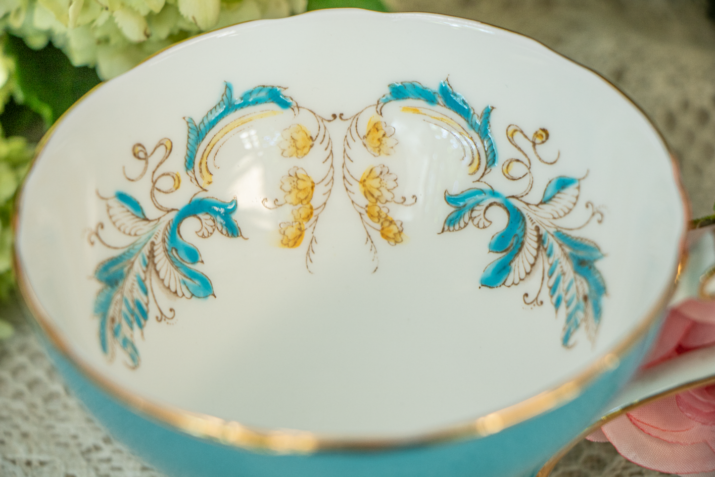 Aynsley Turquoise & Gold Scrollwork Teacup and Saucer — Fine Bone China, Made in England