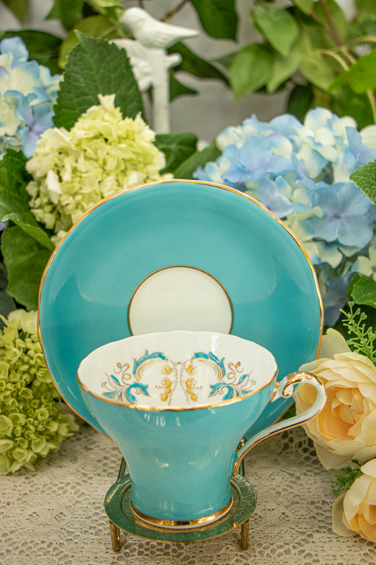 Aynsley Turquoise & Gold Scrollwork Teacup and Saucer — Fine Bone China, Made in England