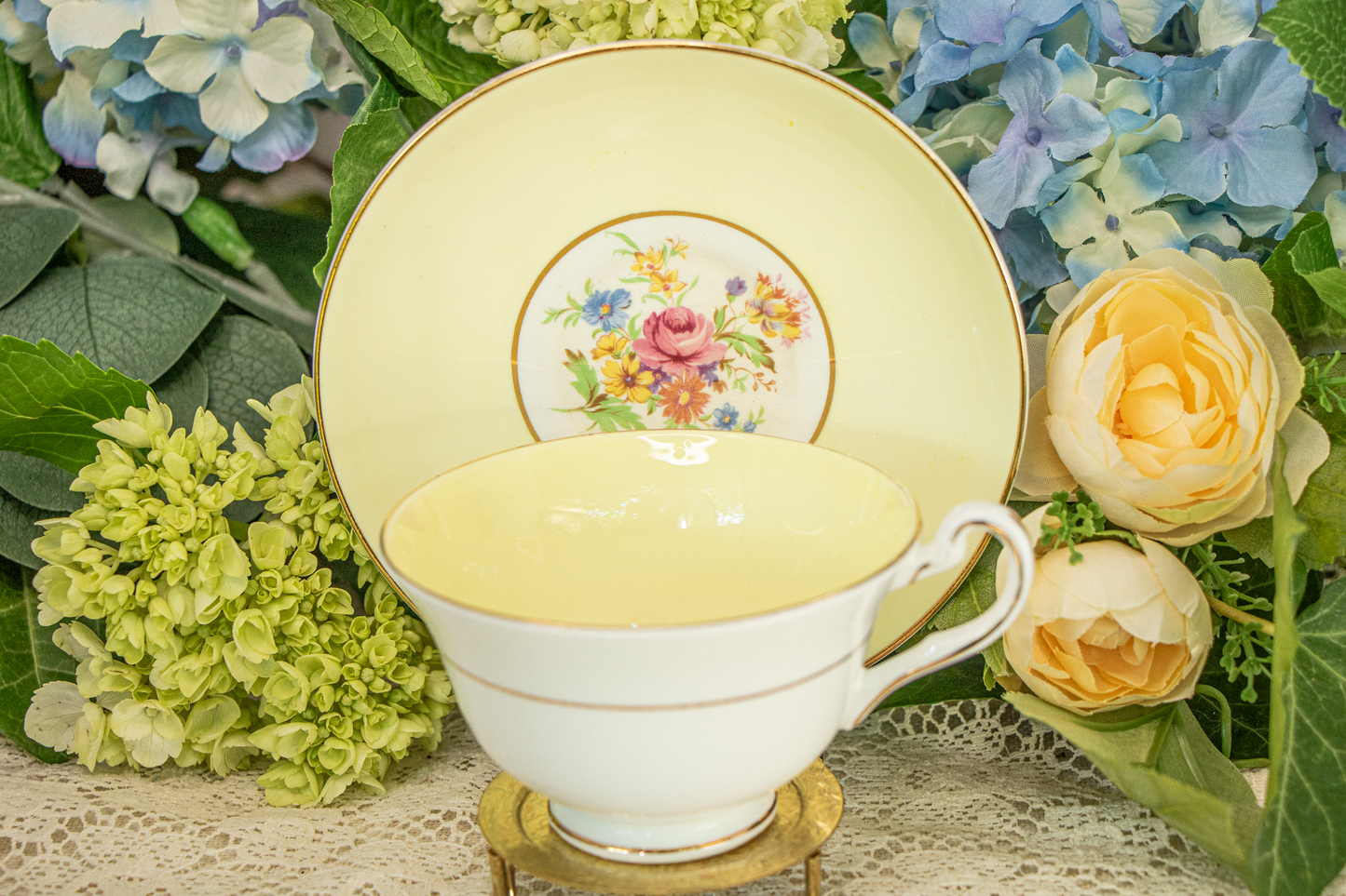 Rosina Bone China Teacup & Saucer – Yellow Rim with Floral Center – Made in England