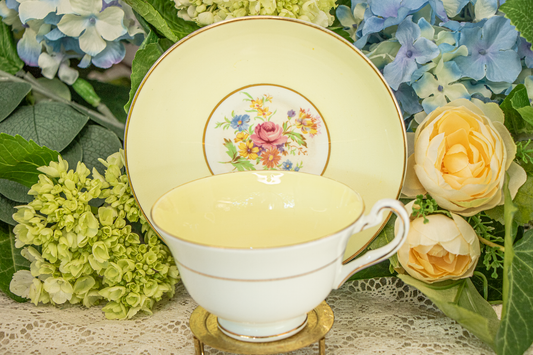 Rosina Bone China Teacup & Saucer – Yellow Rim with Floral Center – Made in England