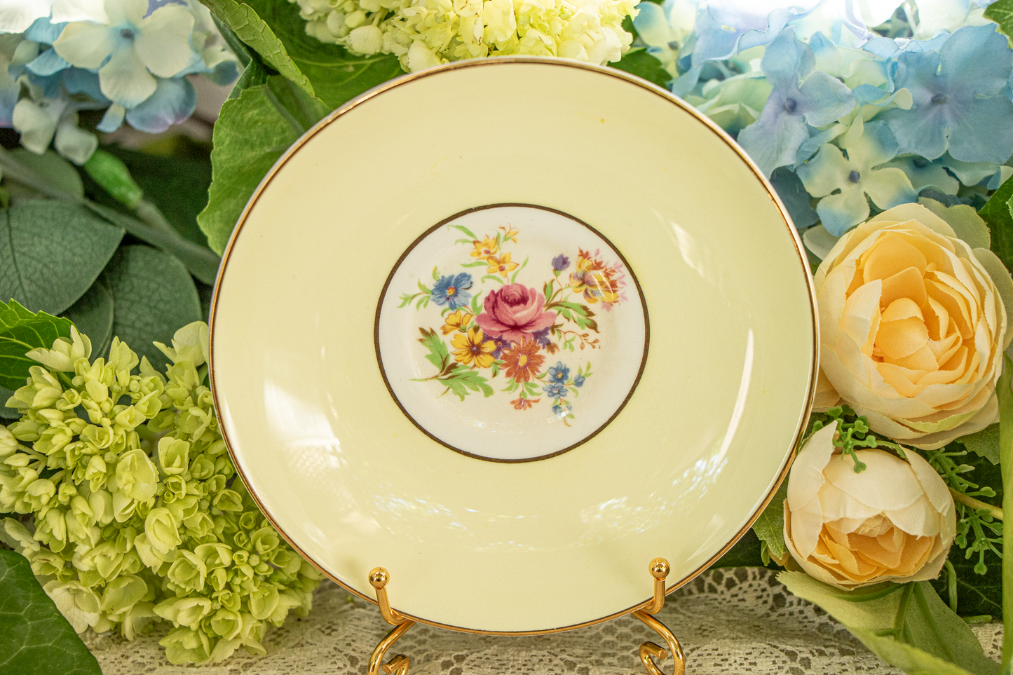 Rosina Bone China Teacup & Saucer – Yellow Rim with Floral Center – Made in England