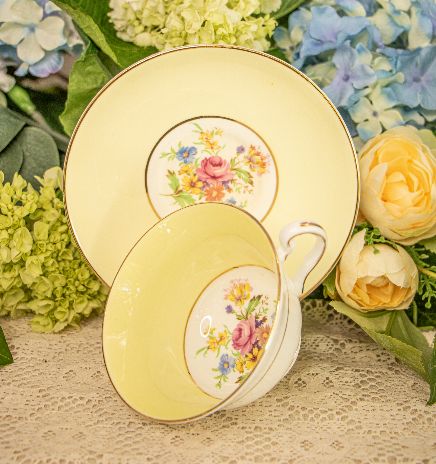 Rosina Bone China Teacup & Saucer – Yellow Rim with Floral Center – Made in England